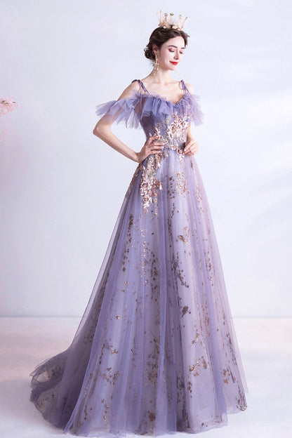 Purple tulle sequins long A line prom dress evening dress  8750