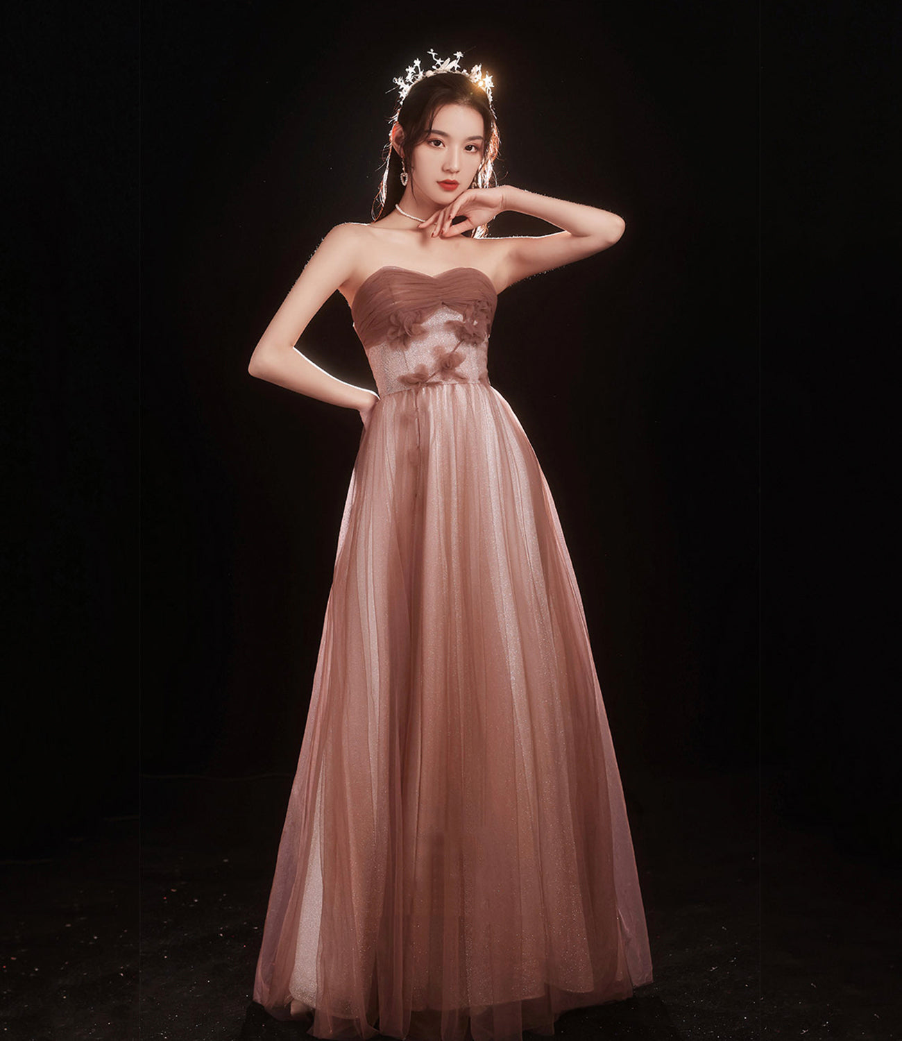 Cute tulle long A line prom dress evening dress  8841