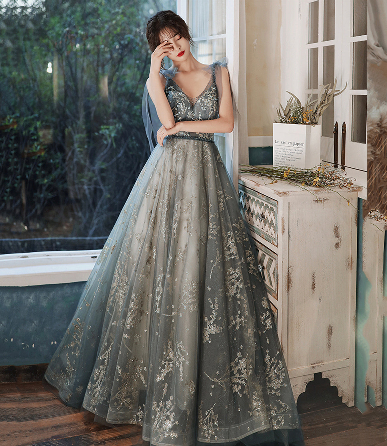 Gray tulle sequins long prom dress evening dress 8968
