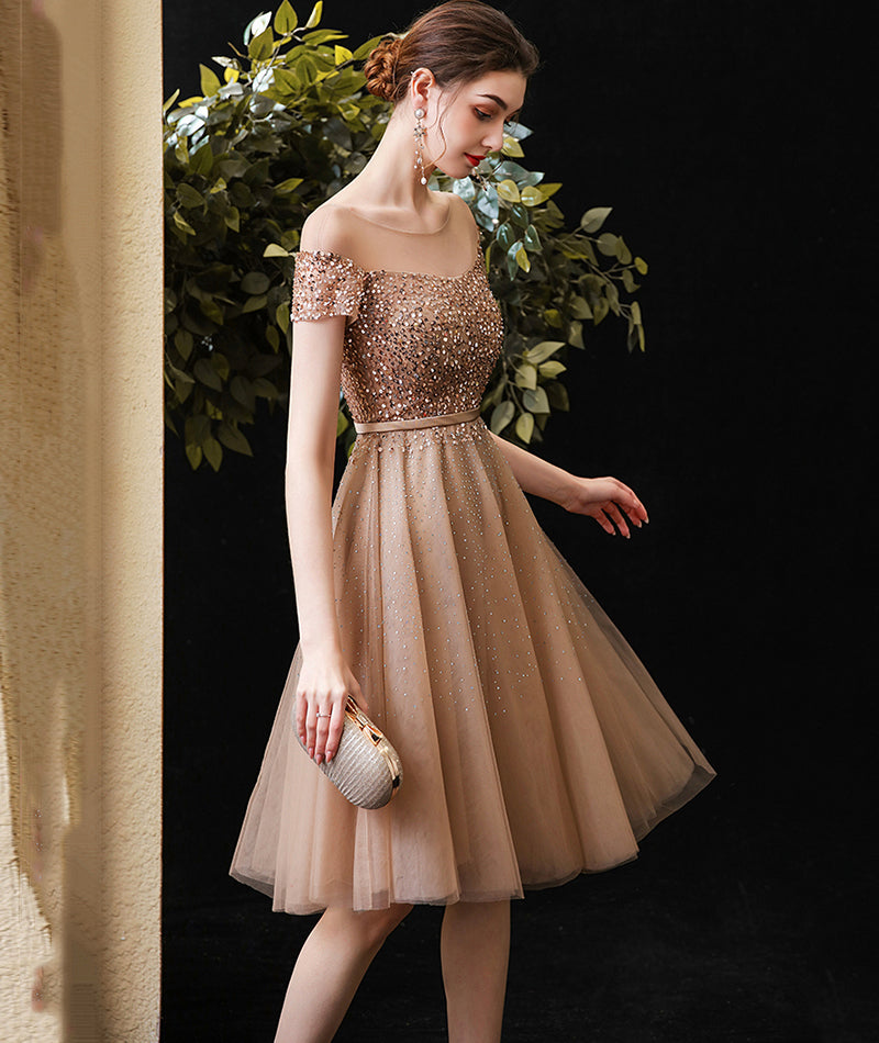 Gold tulle beads short prom dress party dress  8491