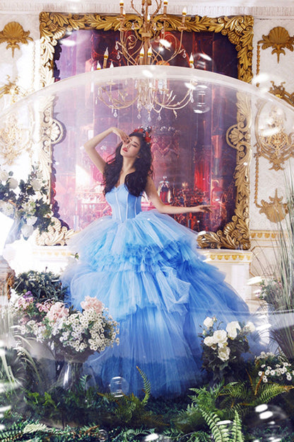 Amazing tulle long prom dress blue evening dress  8516