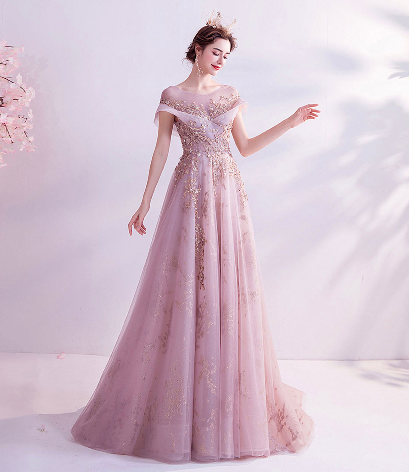Pink tulle sequins long A line prom dress evening dress  8921