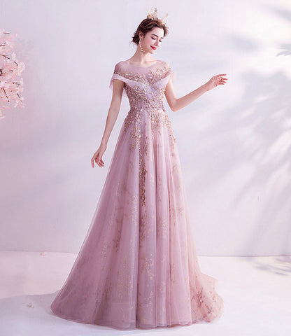 Pink tulle sequins long A line prom dress evening dress  8921