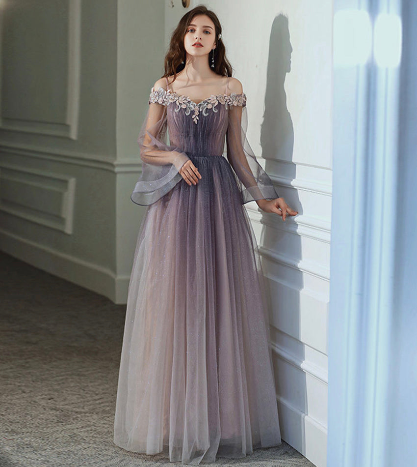 Purple tulle lace long prom dress purple evening dress  8538