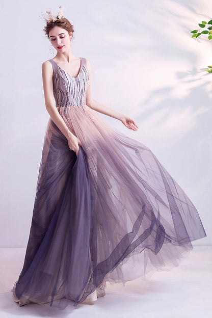 Purple gradient tulle long A line prom dress evening dress  8749