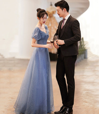 Blue tulle long A line prom dress evening dress  8966
