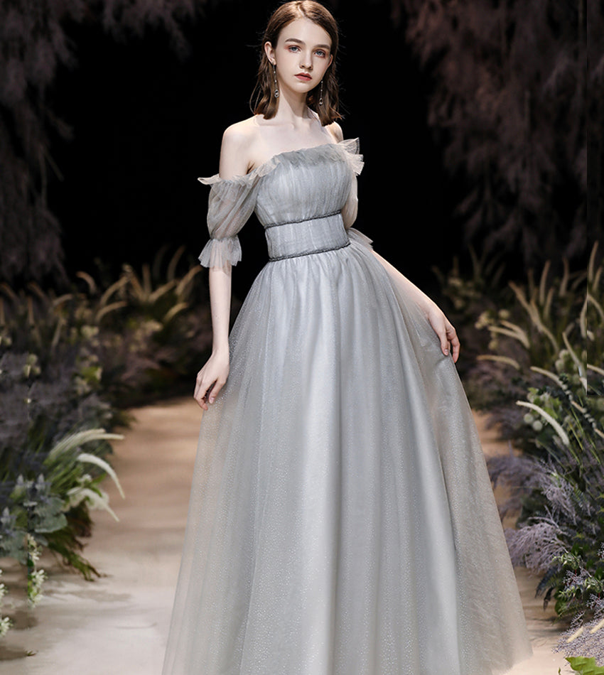 Grey tulle long prom dress grey evening dress  8557