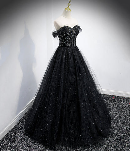 Black tulle long A line prom dress black evening dress  8863