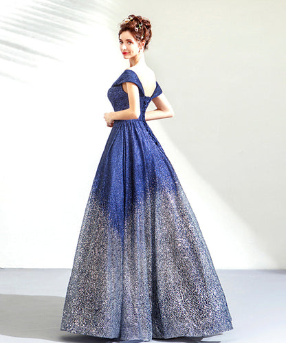 Blue sequins long ball gown dress blue evening dress  8513