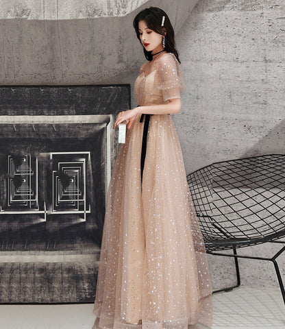 Champagne tulle long A line prom dress evening dress  8853