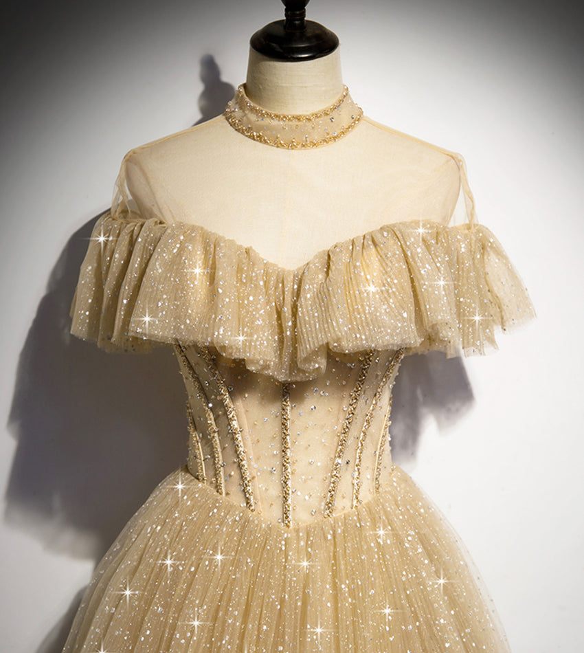 Gold tulle sequins long ball gown dress formal dress  8549
