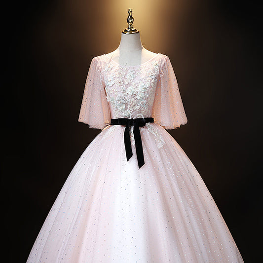 Pink tulle lace long ball gown dress formal dress  8908