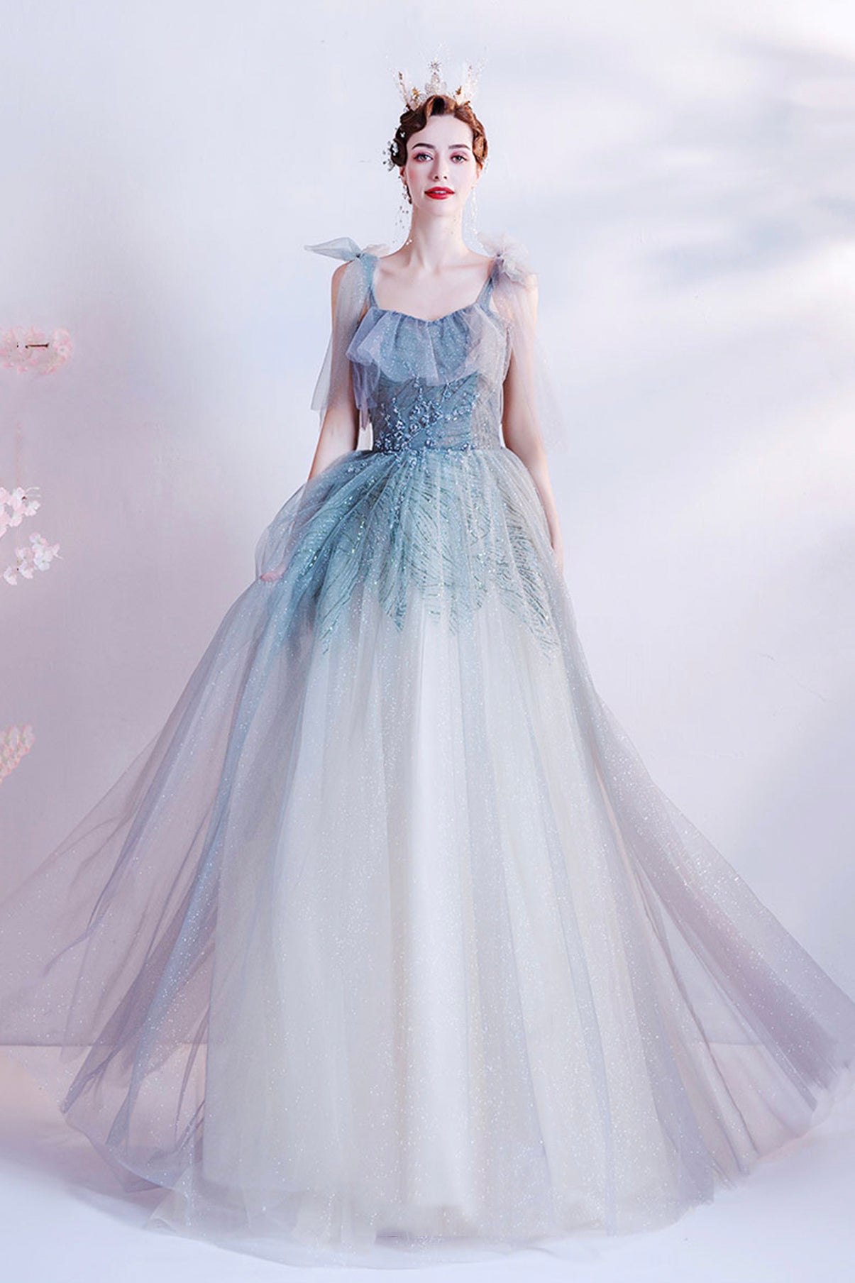Cute tulle long A line prom dress evening dress  8703