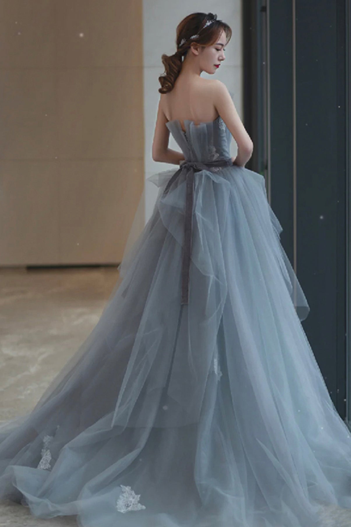 Gray tulle lace long A line prom dress evening dress  8682
