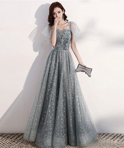 Shiny tulle long prom dress with sequins gray evening dress  8405