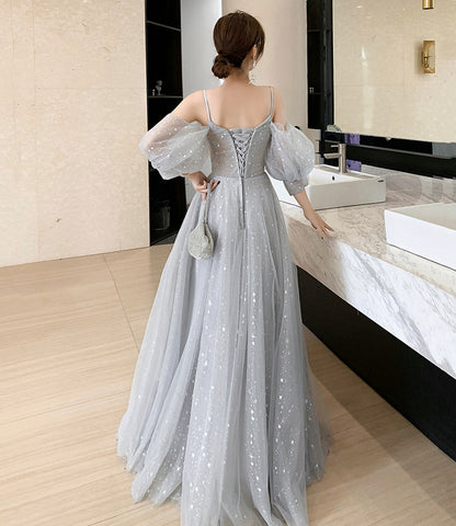 Gray tulle lace long prom dress evening dress  8945
