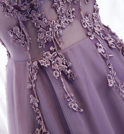 Purple v neck long A line prom dress lace evening dress  8586