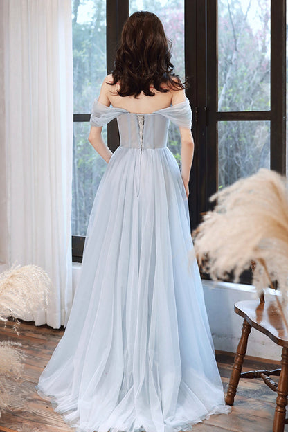 Gray tulle lace long A line prom dress evening dress  8698