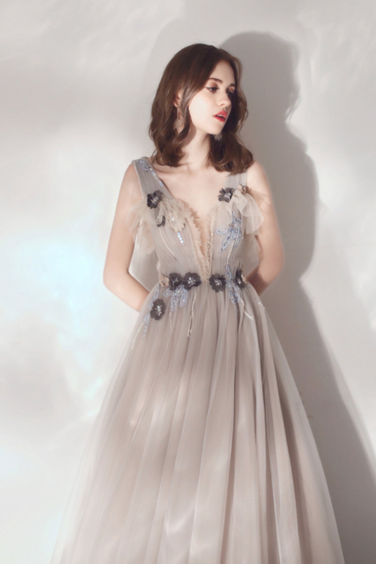 Cute v neck tulle long prom dress evening dress  8594