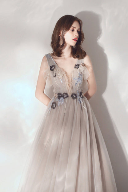 Cute v neck tulle long prom dress evening dress  8594