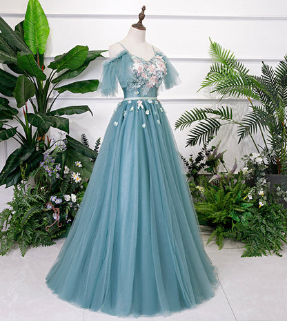 Blue v neck lace long prom gown blue evening dress  8530