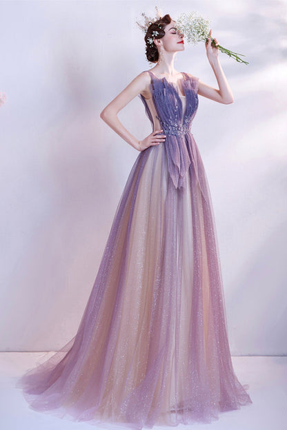 Purple tulle long A line prom dress evening dress  8748