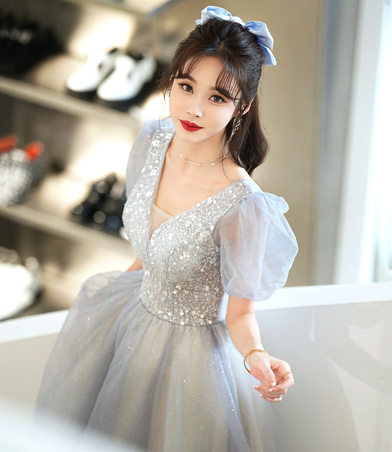 ray tulle beads long prom dress evening dress  8967