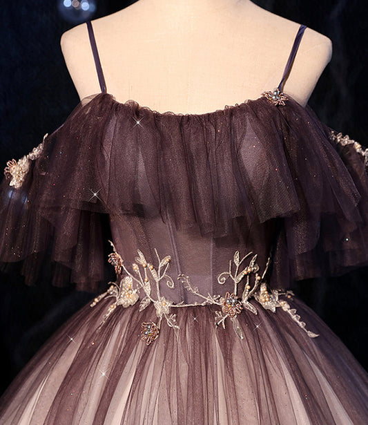 Brown Delicate Floral Applique Fashion A-Line Long Tulle Ball Gown Evening Dress 8721