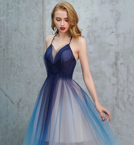 Blue v neck tulle long prom dress blue evening dress  8443
