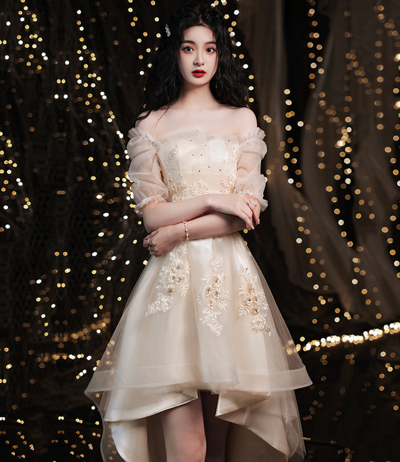 Champagne lace high low prom dress homeciming dress  8911