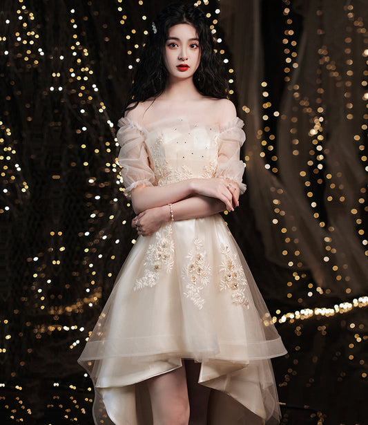 Champagne lace high low prom dress homeciming dress  8911