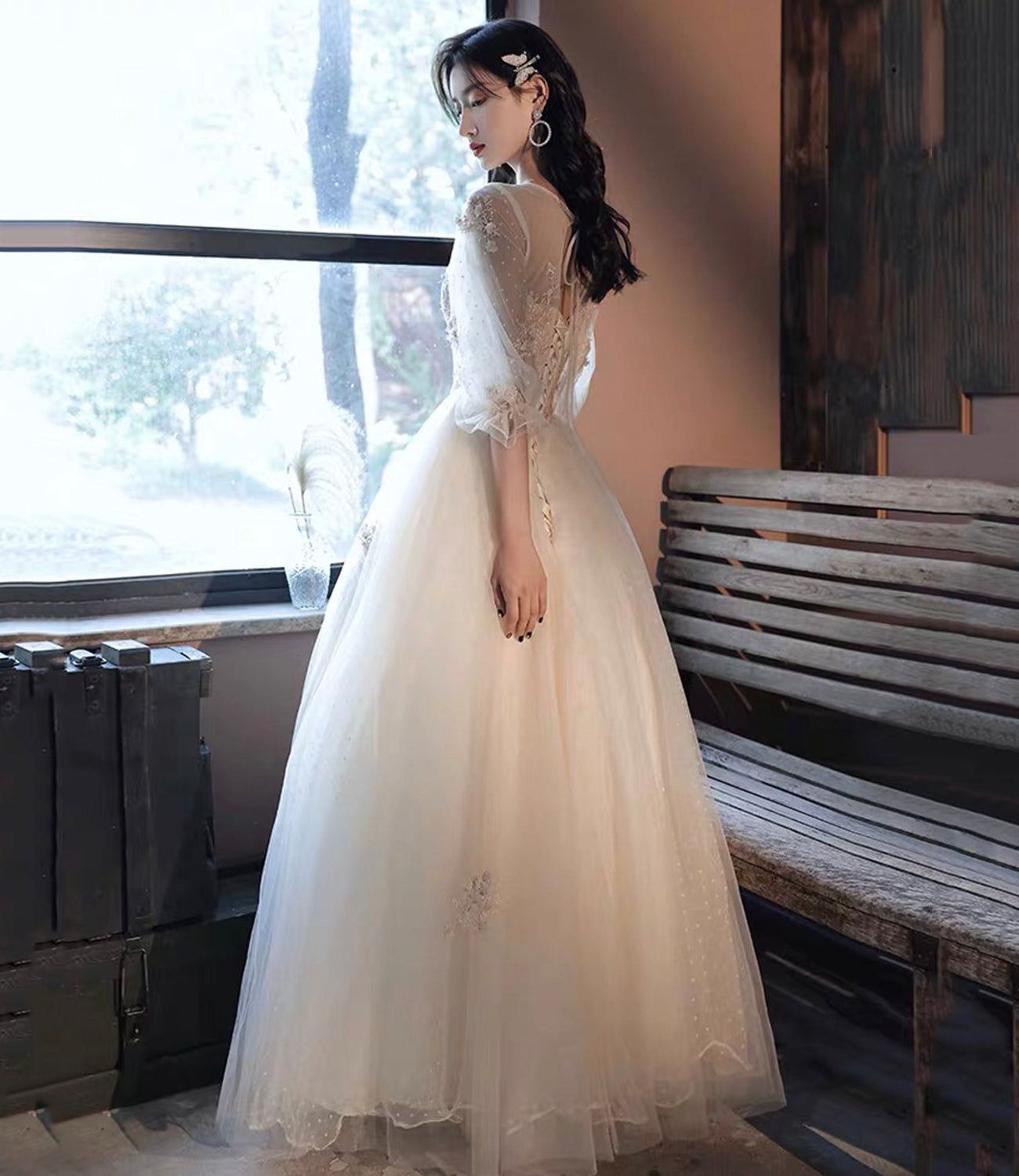 Champagne tulle lace long prom dress evening dress  10017