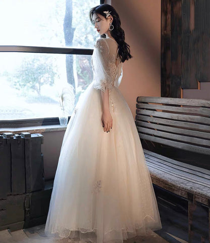 Champagne tulle lace long prom dress evening dress  10017