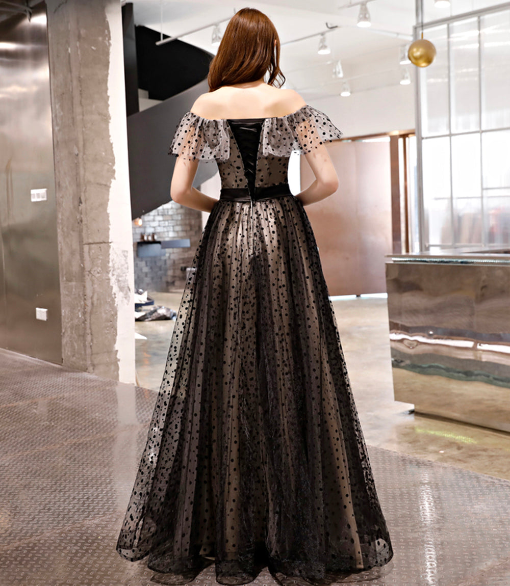 Black tulle long prom dress black evening dress  8520