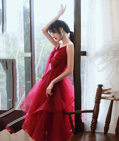 Burgundy v neck tulle sequins prom dress homecoming dress  8408