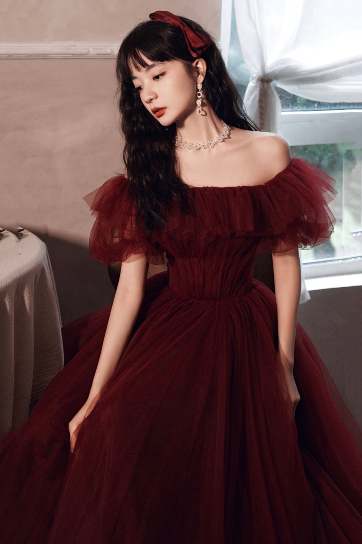 Burgundy tulle long A line prom dress evening dress  8572