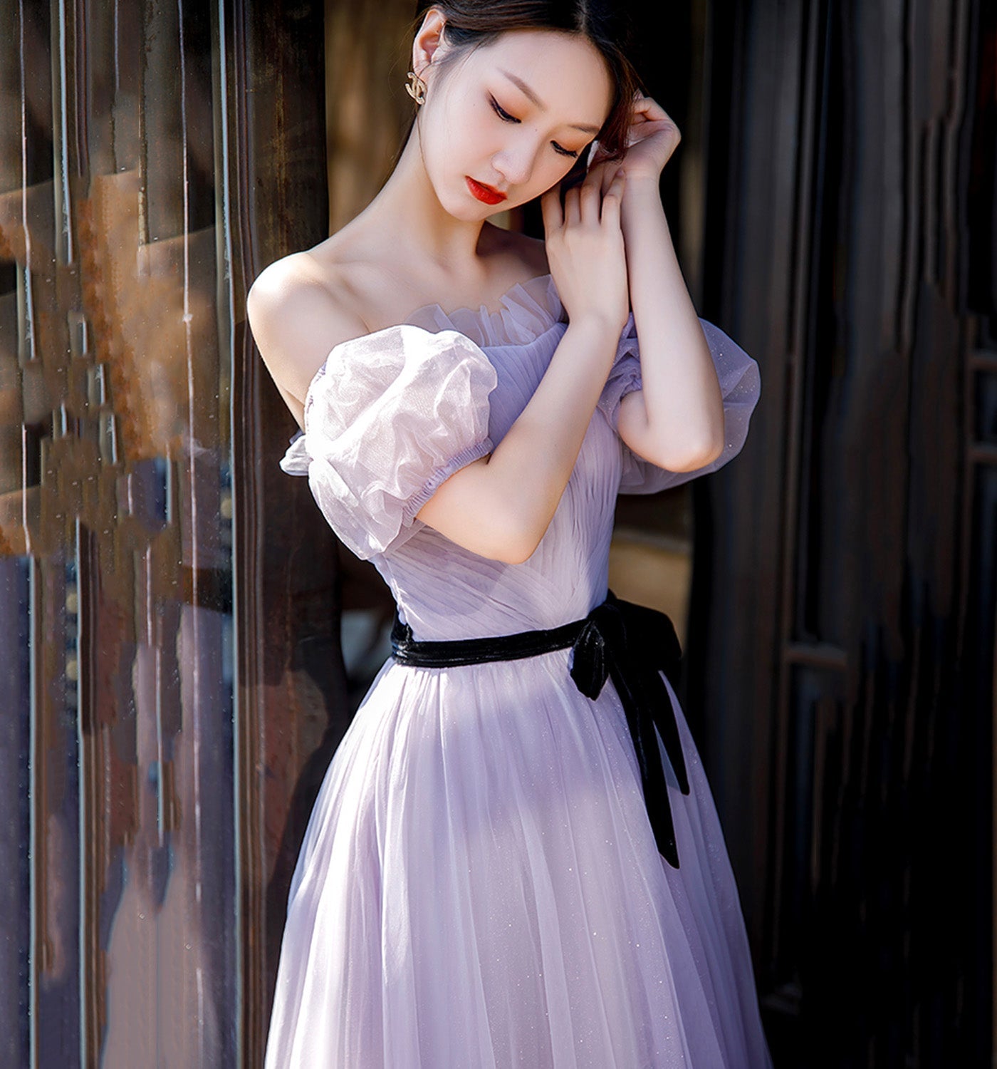 Purple tulle long A line prom gown evening gown  8951