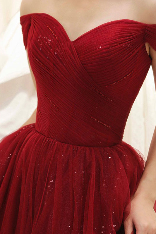 Burgundy tulle long A line prom dress evening dress  8734