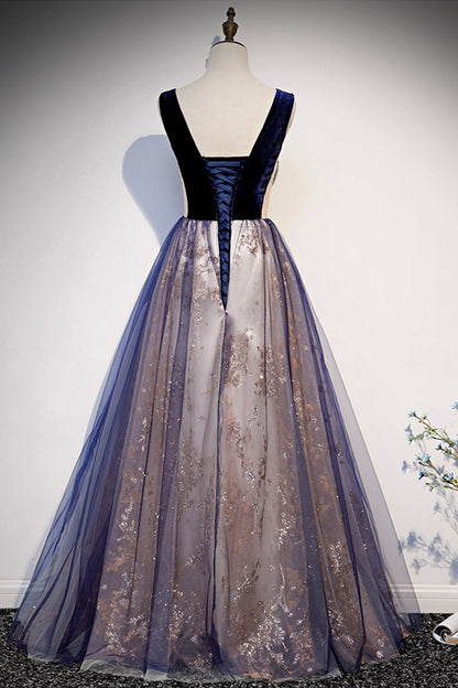 Blue v neck tulle long A line prom dress formal dress  8636