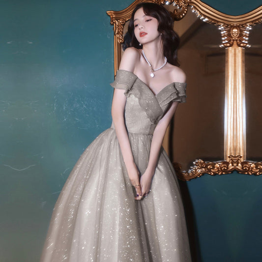 Cute tulle sequins long prom dress A line evening dress  8965