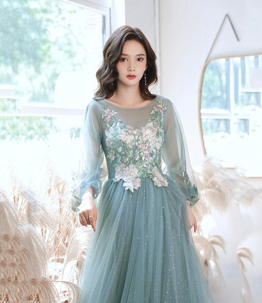 Blue tulle lace long prom gown evening gown  8942