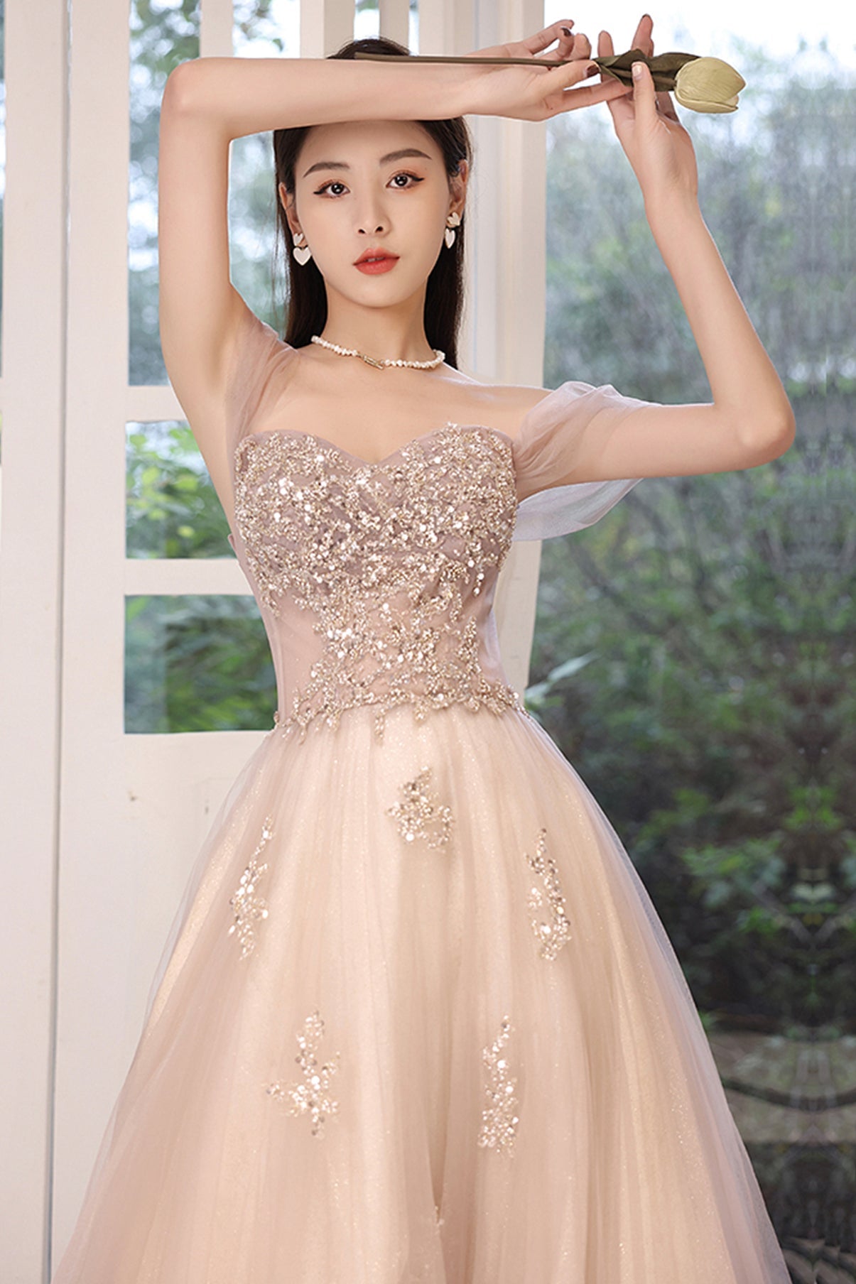Stylish tulle sequins long prom dress evening dress  8714