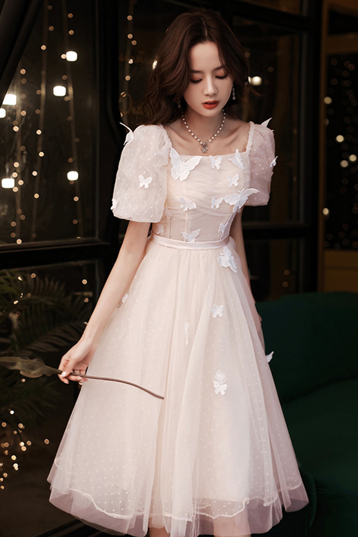 Champagne tulle short prom dress party dress  8671