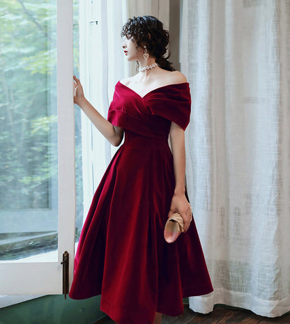Burgundy velvet short prom dress party dress  8403