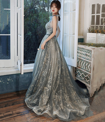 Gray tulle sequins long prom dress evening dress 8968