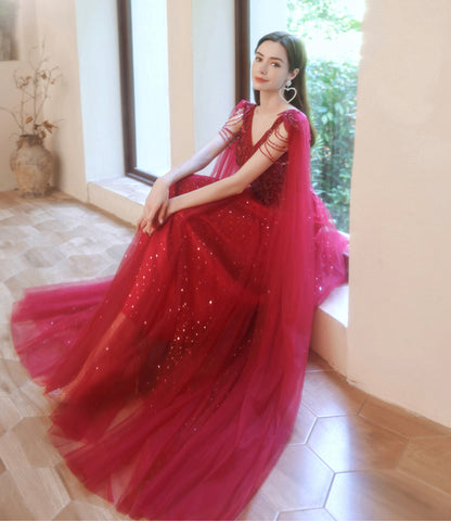 Red tulle beads long A line prom dress evening dress  8794