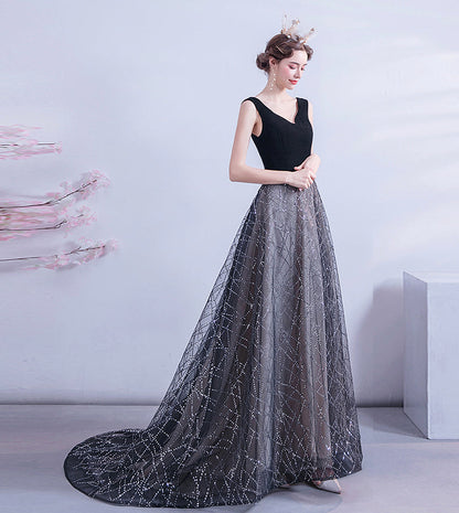 Black velvet sequins long prom dress formal dress  8450