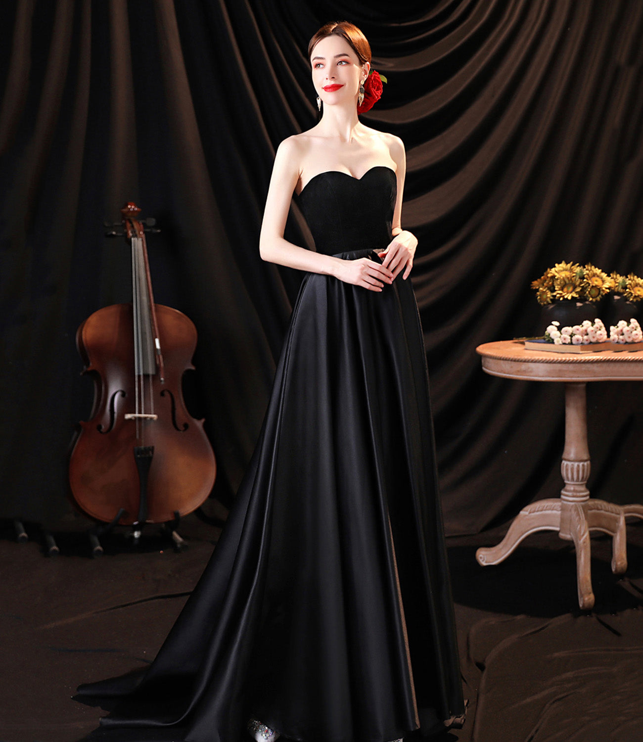 Black satin long A line prom dress black evening dress  8932