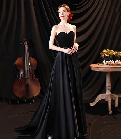 Black satin long A line prom dress black evening dress  8932