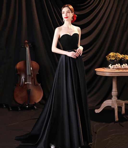 Black satin long A line prom dress black evening dress  8932
